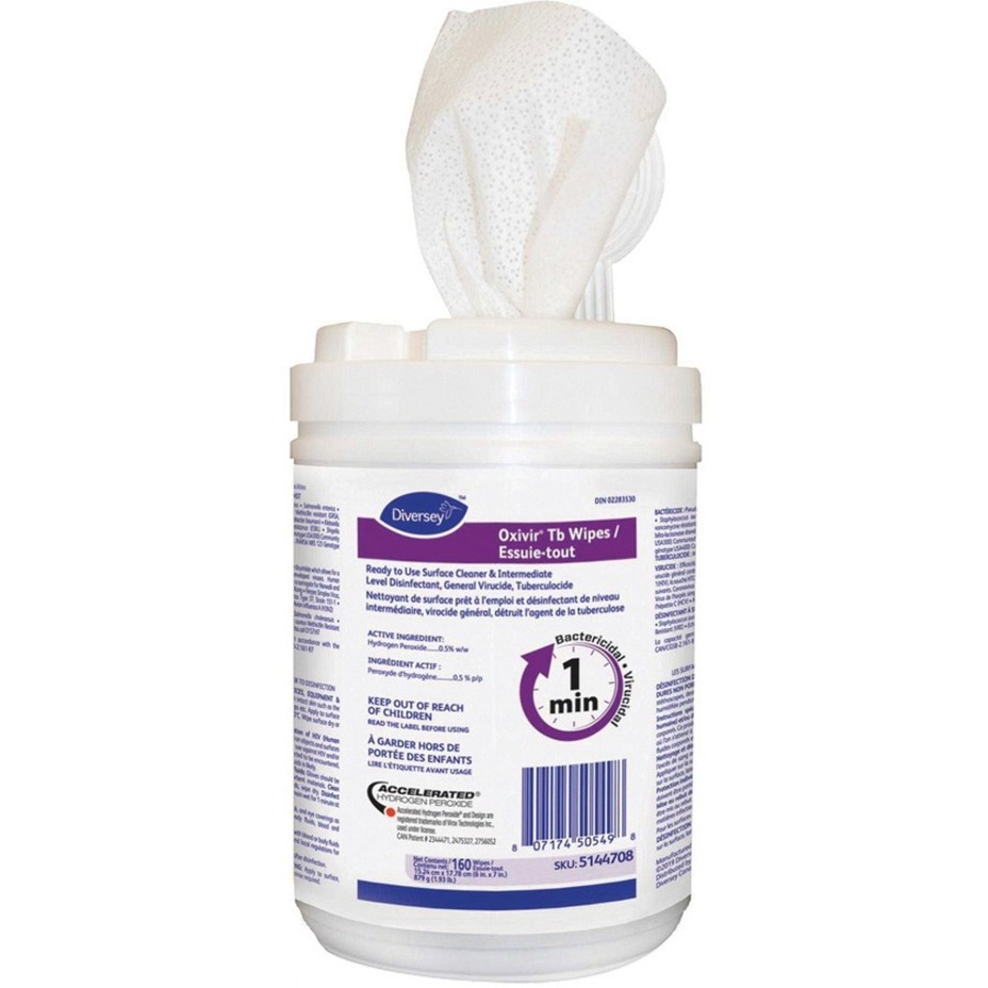 Diversey Oxivir Disinfectant - For Hard Surface, Nonporous Surface - Ready-To-Use - Wipe - Characteristic Scent - 7" (177.80 mm) Length x 6" (152.40 mm) Width - Non-irritating, Non-corrosive, Virucidal, Anti-bacterial, VOC-free - White - 160/Tub - 160 / Each
