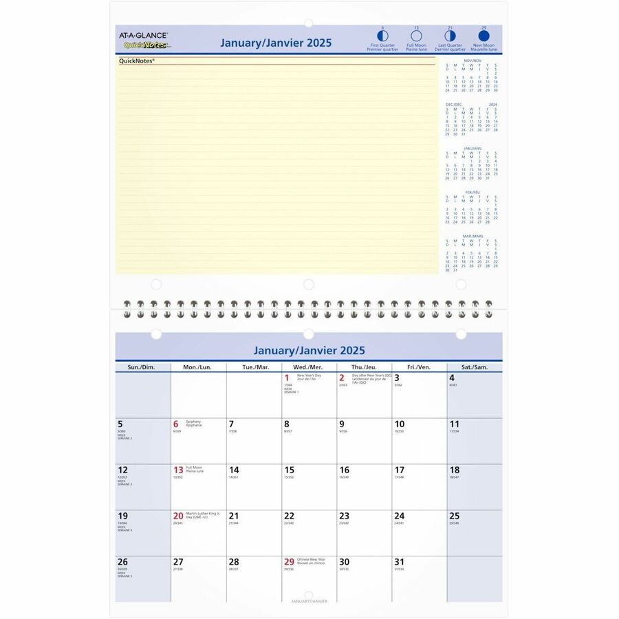 At-A-Glance 2026 QuickNotes Monthly Wall/Desk Calendar - 8" H x 11" W - Bilingual - Monthly - 12 Month - January 2026 to December 2026 - 11" (279.40 mm) x 8" (203.20 mm) Sheet Size - 3 x Holes - 1.25" (31.75 mm) x 1.25" (31.75 mm) Block - Wire Bound - Desk - Wall Mount - Blue - Paper - Bleed Resistant Paper, Hole-punched - 1 Each