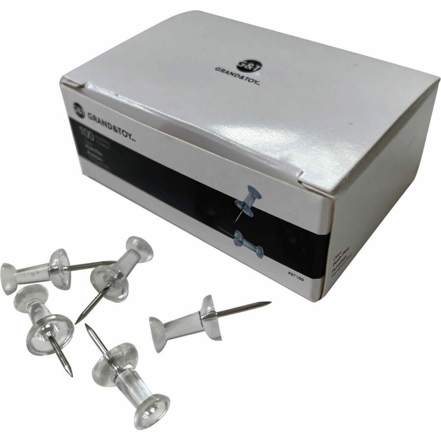 Grand & Toy Clear Pushpins, Clear, Pack of 100 - for Document - Reusable, Durable - Clear - Plastic, Steel - 100 / Pack