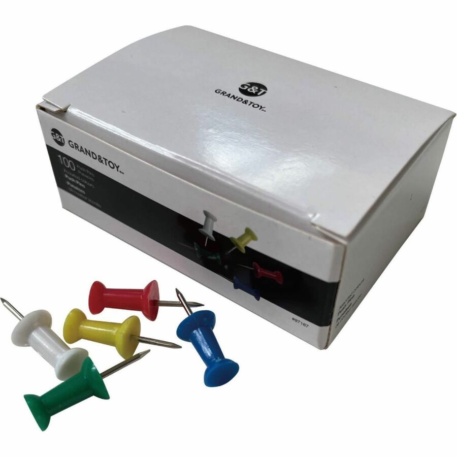 Grand & Toy Pushpins, Assorted Colours, Pack of 100 - for Document - Reusable, Durable - Assorted - Plastic, Steel - 100 / Pack