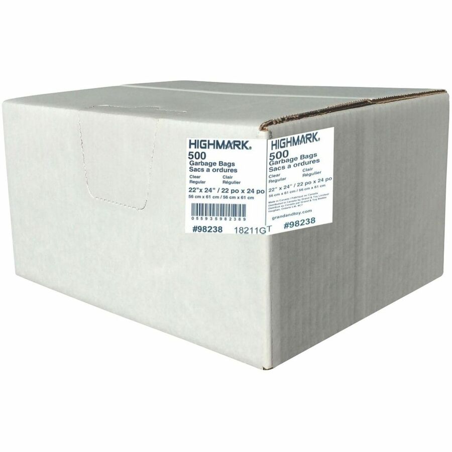 Highmark Industrial Garbage Bags, Clear, 22" x 24" , Regular Strength, 500/CS - 37.85 L Capacity - 24" (609.60 mm) Length x 22" (558.80 mm) Width - Low Density - Clear - Linear Low-Density Polyethylene (LLDPE), Plastic, Resin - Garbage, Industrial - Recycled - 500 / Case