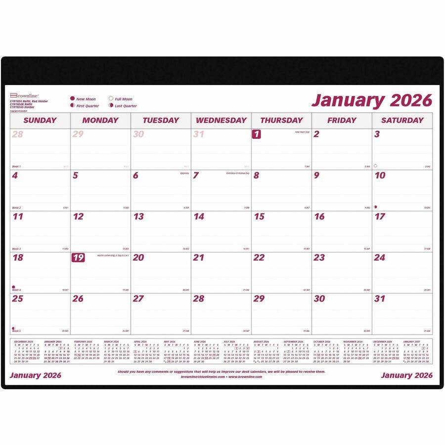 Brownline Monthly Desk/Wall Calendar 24-1/4" x 19-1/8" English - Monthly - 12 Month - January 2026 to December 2026 - 1 Month Single Page Layout - 23 1/2" (596.90 mm) x 18 1/4" (463.55 mm) Sheet Size - Desk Pad - Wall Mount - White - Vinyl - Perforated, Holder, Reference Calendar, Eyelet - 1 Each