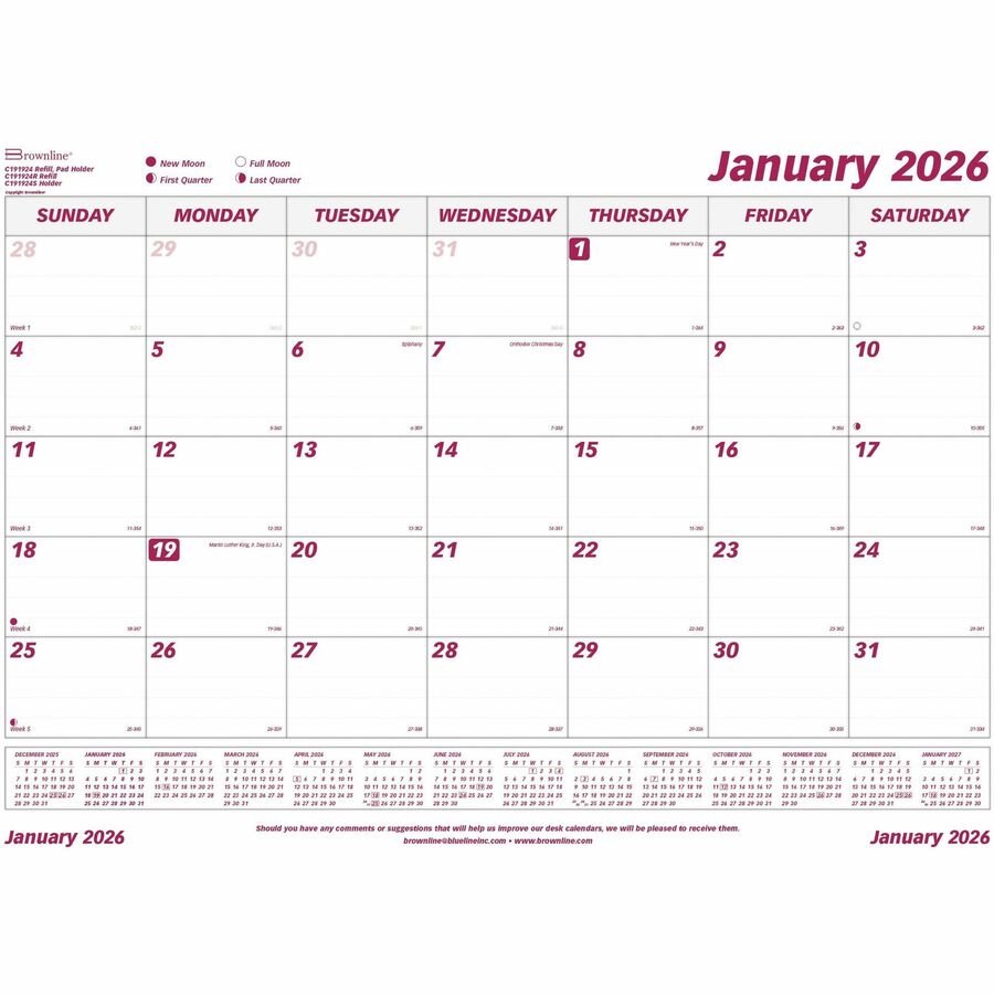 Brownline Monthly Desk Pad Calendar Refill 23-1/2" x 18-1/4" , English - Monthly - 1 Year - January 2026 to December 2026 - 1 Month Single Page Layout - 23 1/2" (596.90 mm) x 18 1/4" (463.55 mm) Sheet Size - Desk Pad - White - Reference Calendar - 1 Each