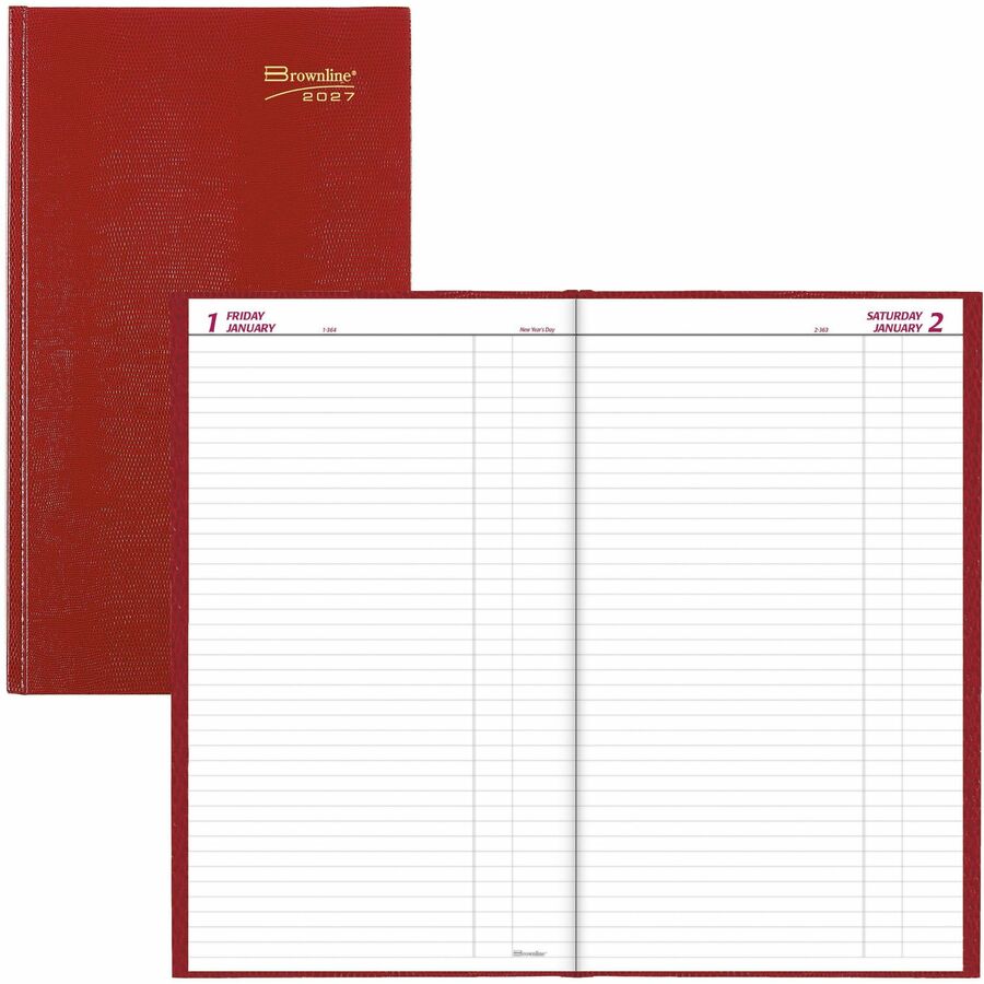 Brownline Traditional Daily Hard Cover Bound Journal 13-3/8" x 7-7/8" Red English - Daily - 12 Month - January 1, 2026 to December 31, 2026 - 1 Day Single Page Layout - 7 7/8" (200.03 mm) x 13 3/8" (339.73 mm) Sheet Size - Perfect - Desktop - Red - Red Cover - Tabbed, Perforated Corner, Hard Cover, Perpetual Calendar, Self-adhesive, Laminated Tab - 1 Each