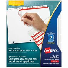 Avery Print & Apply Clear Label Dividers with Index Makerand Easy Apply&trade; Labels for Laser and Inkjet Printers, 8 tabs, 5 sets - 40 x Divider(s) - 8 Tab(s)/Set - 8.50" Divider Width x 11" Divider Length - Letter - 3 Hole Punched - Clear Pap