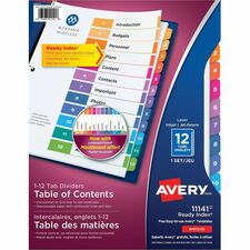 Avery Ready Index Table of Content Dividersfor Laser and Inkjet Printers, 12 tabs - 12 x Divider(s) - 1-12 - 12 Tab(s)/Set - 8.50" Divider Width x 11" Divider Length - 3 Hole Punched - White Paper Divider - Multicolor Paper Tab(s) - Recycled - 1