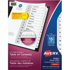 Avery Ready Index Table of Content Dividers for Laser and Inkjet Printers, 15 tabs - 15 x Divider(s) - 1-15 - 15 Tab(s)/Set - 8.50" Divider Width x 11" Divider Length - 3 Hole Punched - White Paper Divider - White Paper Tab(s) - Recycled - 15 / 