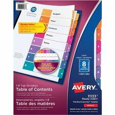 Avery Ready Index Table of Content Dividersfor Laser and Inkjet Printers, 8 tabs, 1 set - 8 x Divider(s) - 1-8 - 8 Tab(s)/Set - 8.50" Divider Width x 11" Divider Length - 3 Hole Punched - White Paper Divider - Multicolor Paper Tab(s) - Recycled 