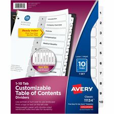 Avery Ready Index Table of Content Dividersfor Laser and Inkjet Printers, 10 tabs - 10 x Divider(s) - 1-10 - 10 Tab(s)/Set - 8.50" Divider Width x 11" Divider Length - 3 Hole Punched - White Paper Divider - White Paper Tab(s) - Recycled - 10 / S