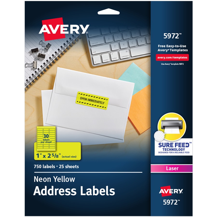 Avery 5972 Neon Rectangular Laser/InkJet Printable Labels, 1" x 2 5/8