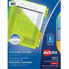 Avery Big Tab&trade; Insertable Plastic Dividers with Pocketsfor Laser and Inkjet Printers, 9" x 11?" , 5 tabs, 1 set - 5 x Divider(s) - 5 - 5 Tab(s)/Set - 9.25" Divider Width x 11.13" Divider Length - 3 Hole Punched - Translucent Plastic, Multicolo