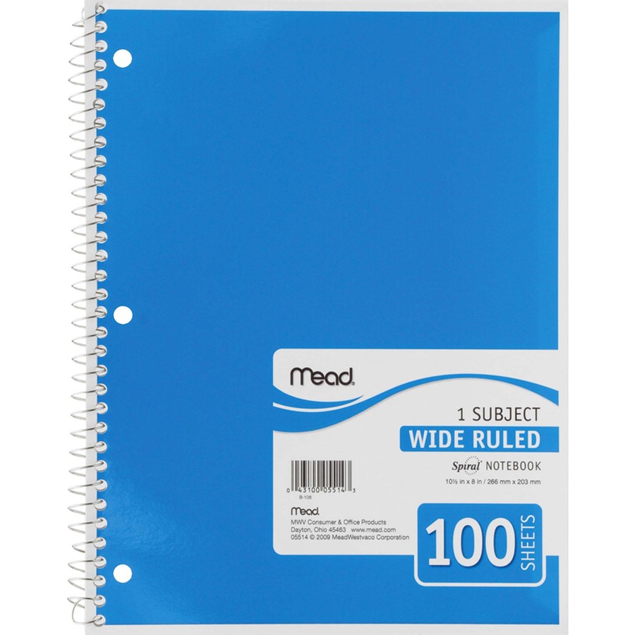 Black 100 Sheets 1 Subject Spiral Notebook 10-1/2 x 8 Wide Ruled Paper