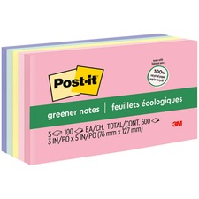 Post-it® Greener Notes - Sweet Sprinkles Color Collection - 500 - 3" x 5" - Rectangle - 100 Sheets per Pad - Unruled - Positively Pink, Pink Salt, Canary Yellow, Fresh Mint, Moonstone - Paper - Self-adhesive, Repositionable - 5 / Pack