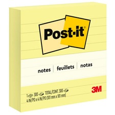 Post-it Lined Notes - 300 - 4" x 4" - Square - 300 Sheets per Pad - Ruled - Canary Yellow - Paper - Recyclable - 300 / Pad