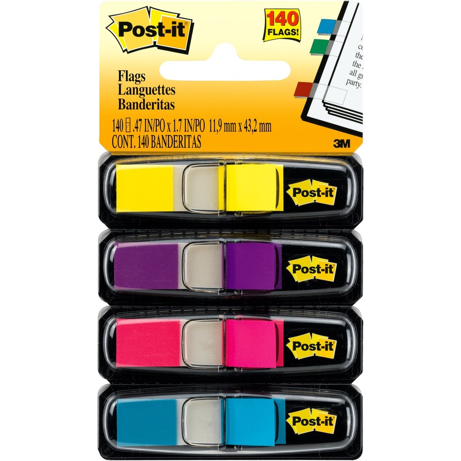 Post-it Flags - 35 x Bright Blue, 35 x Bright Pink, 35 x Bright Purple, 35 x Bright Yellow - 1/2" (12.70 mm) Flag/Note Width x 1 3/4" (44.45 mm) Flag/Note Length - Rectangle - Unruled - Yellow, Purple, Blue, Pink, Aqua - Self-adhesive, Removable, Residue-free, Repositionable - Dispenser Included - 140 / Pack