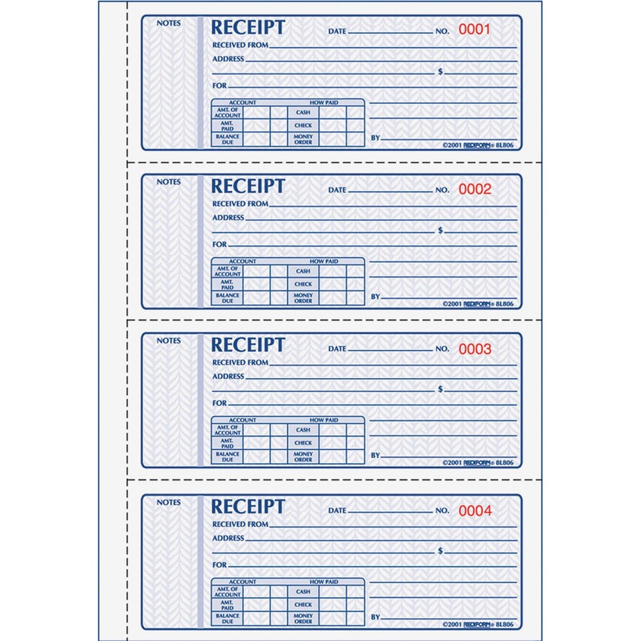 rediform money receipt 4 per page collection forms 400 sheet s 2 partcarbonless copy 7 x 2 3 4 sheet size white yellow black print color 1 each brooker business products