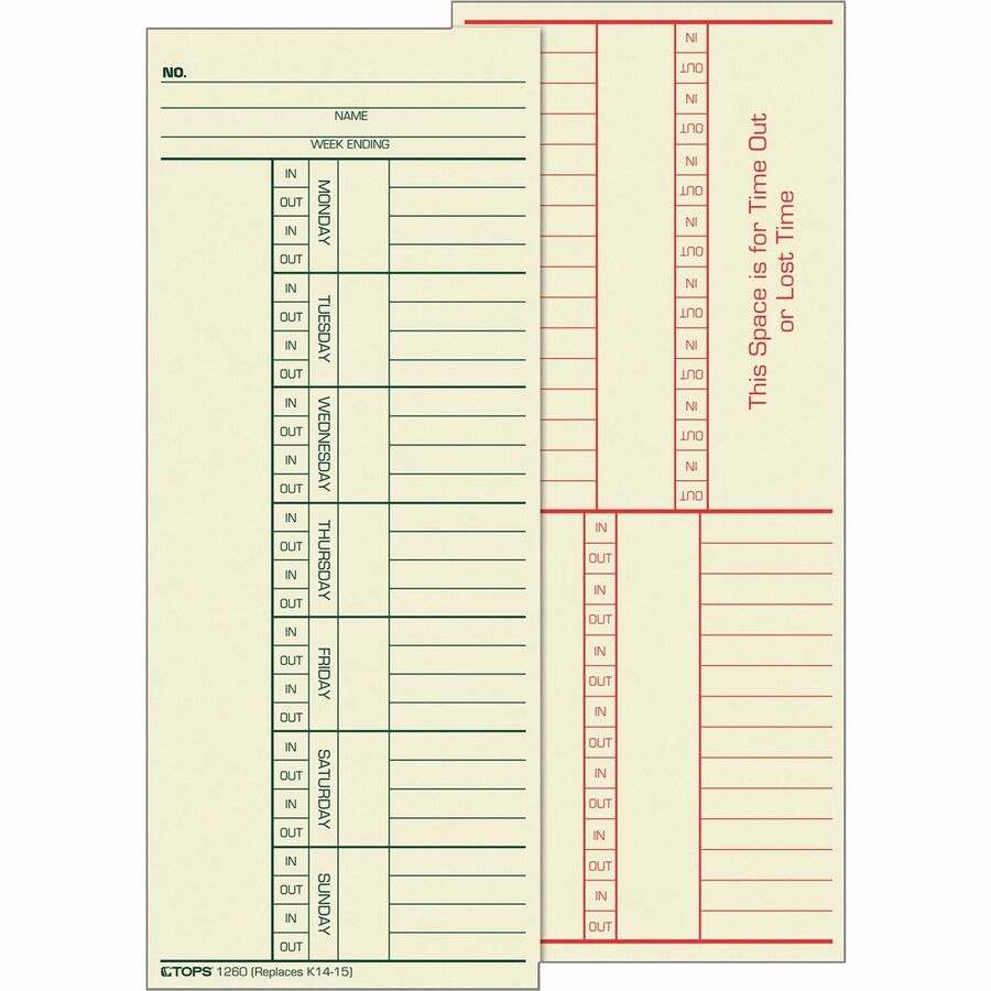 3-3/8x8-1/4 Tops 1260 Weekly Time Card 500/BX 2-Sided 