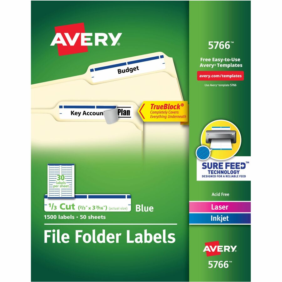 Avery Blue File Folder Labels 5766 50 Sheets 30 Labels Per Sheet New & Sealed 