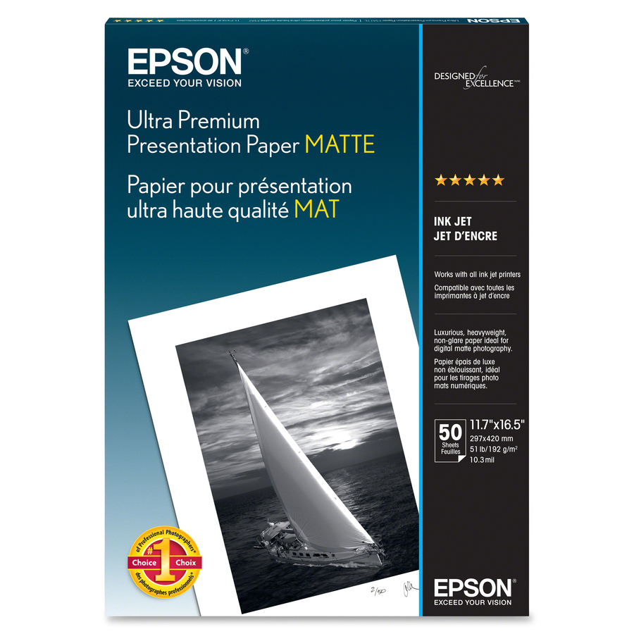 Epson Ultra Premium Matte Presentation Paper - 104 Brightness - 94% Opacity  - A3 - 11 45/64 x 16 1/2 - Matte - 50 / Pack - White - Thomas Business  Center Inc