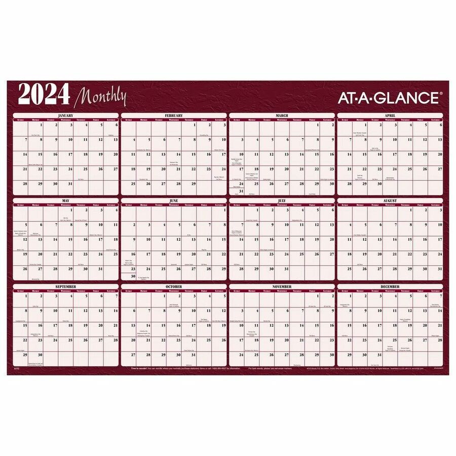 rack magician Portal At-A-Glance Erasable/Reversible Horizontal Yearly Wall Planner - Monthly -  12 Month - January 2024 - December 2024 - 48" x 32" Sheet Size - 1.63" x  1.50" Block - Burgundy - Erasable,