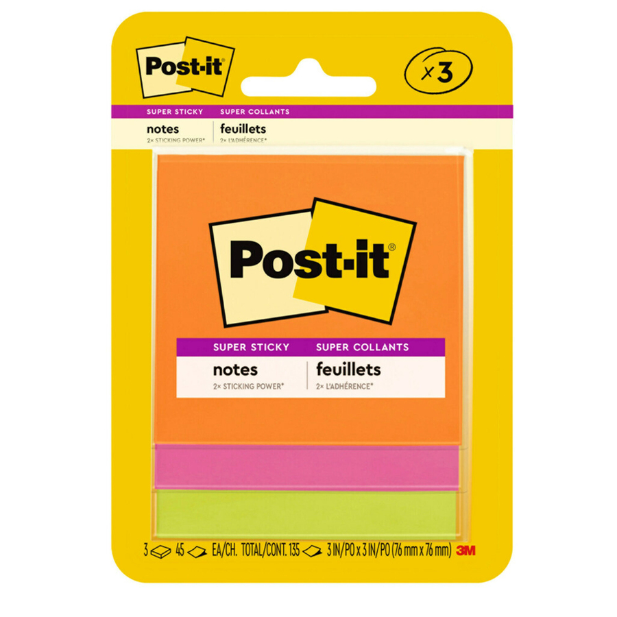 Post-it Super Sticky Notes, 3x3 in, 24 Pads, 2x the Sticking Power,  Supernova Neons, Bright Colors, Recyclable