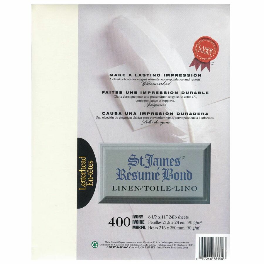 St. James&reg; R&eacute;sum&eacute; Bond, Linen, 24 lb Letter-Size Paper, Ivory, Pack of 400, 78156