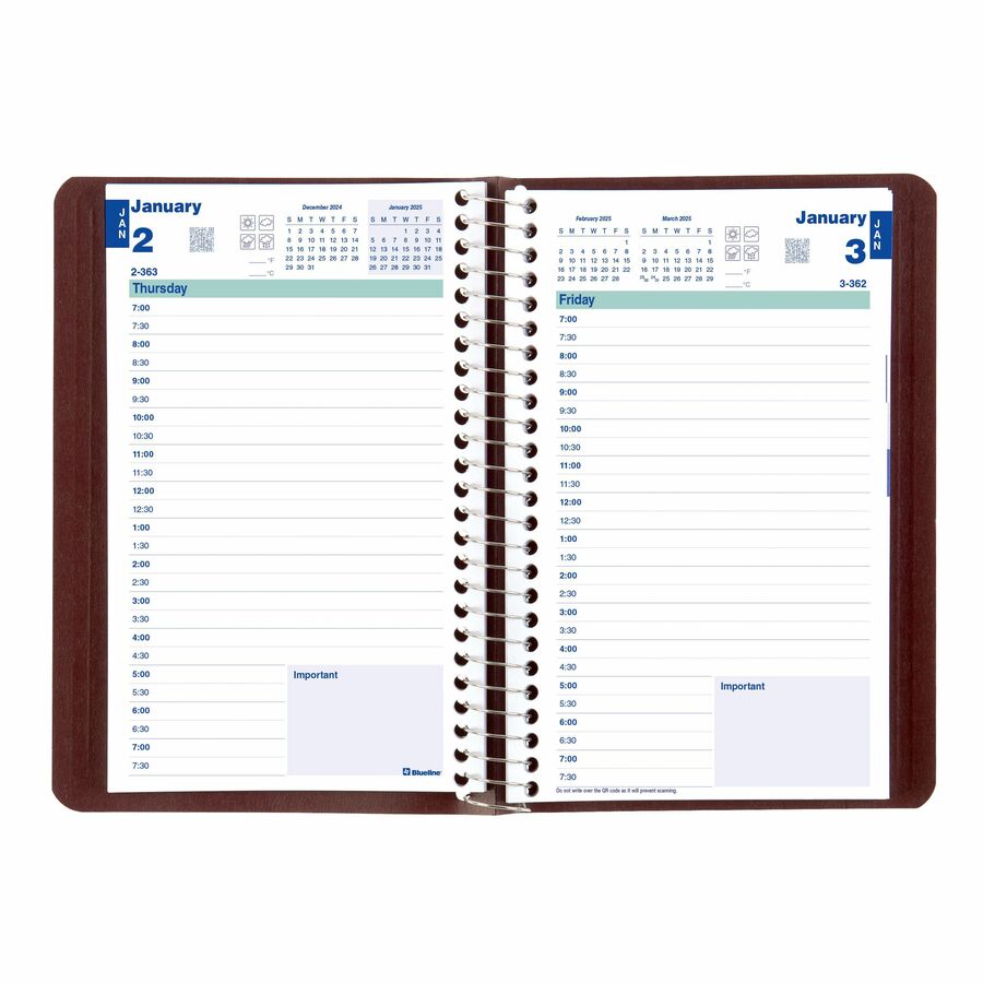 Blueline Daily Planner 8"x 5" Spiral Bind, English, Burgundy