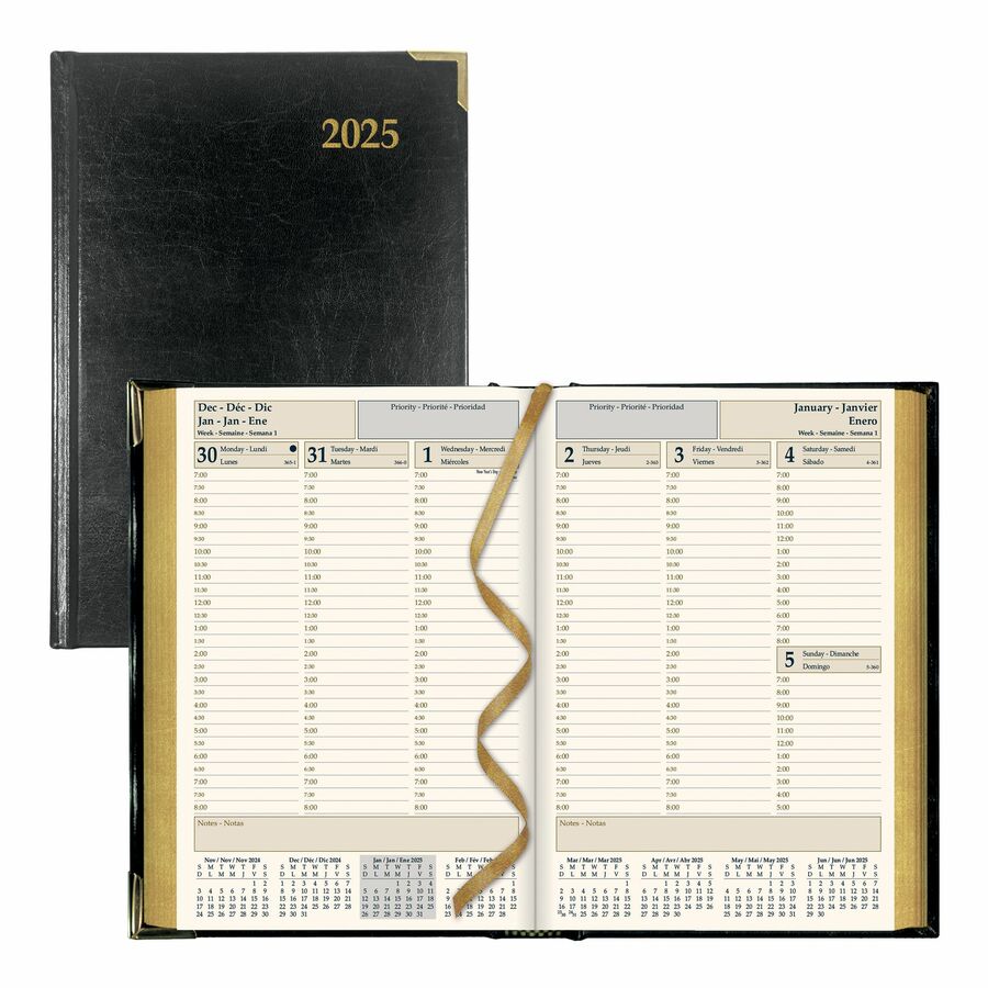 Brownline Executive Weekly Planner, 8-1/4" x 5-1/2" , Trilingual, Black