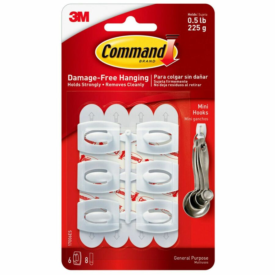 Command Mini White Hooks with White Strips - 6 Small Hook - 8 oz (226.8 g)  Capacity - Plastic - White - 6 / Pack - Brooker Business Products