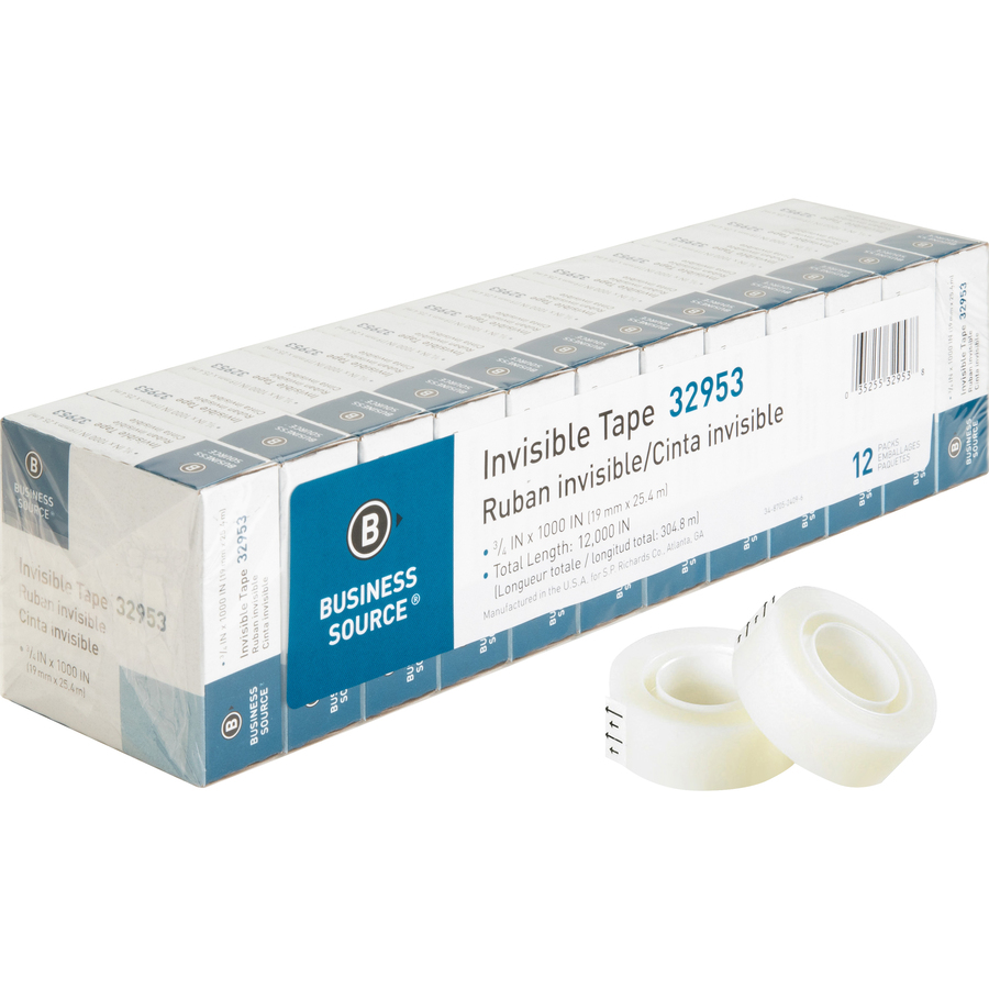 Business Source Invisible Tape Refills, 3/4 x 1000, 1 Core, 12