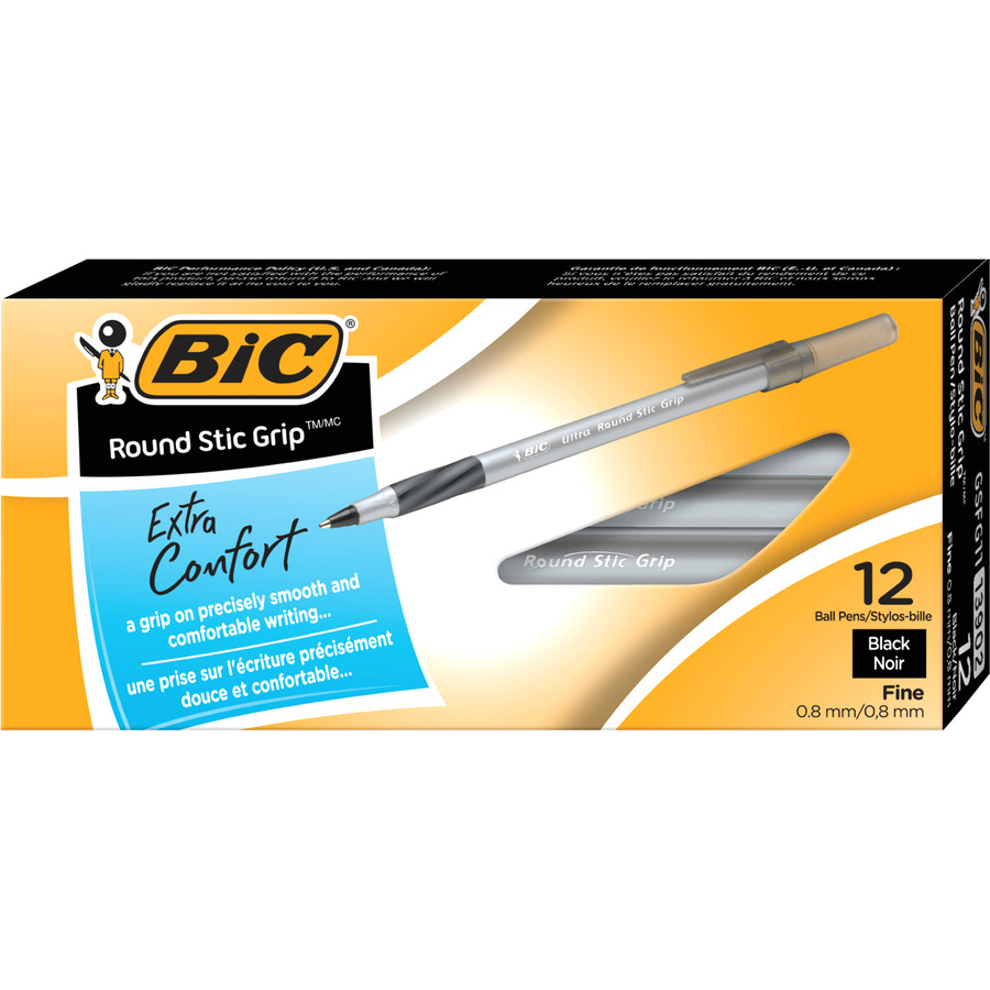 BIC Round Stic Grip Xtra-Comfort Fine Ball Point Pen, Black, 12 Pack ...