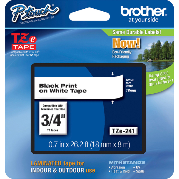 Brother TZE241 Laminated Tape 3/4" Black on White for P-Touch (26.2 ft)