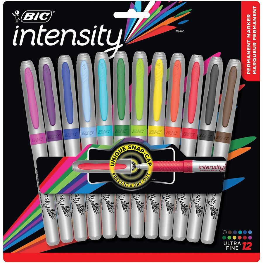 BIC Intensity Fashion Permanent Markers, Ultra Fine Point, Assorted colours, Non-Slip Grip For Comfort & Control, 12-Count