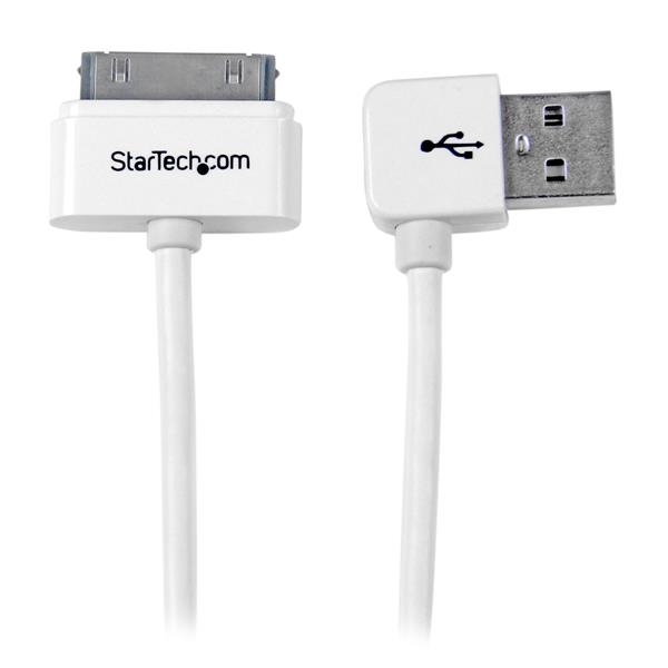 StarTech 1m (3 ft) Apple Dock Connector to Left Angle USB Cable for iPod / iPhone / iPad with Stepped Connector - USB/Proprietary for iPod, iPhone, iPad, Cellular Phone - 3.3 ft - 1 Pack - 1 x Type A Male USB - 1 x Male Proprietary Connector - Shielding - White (USB2ADC1MUL)