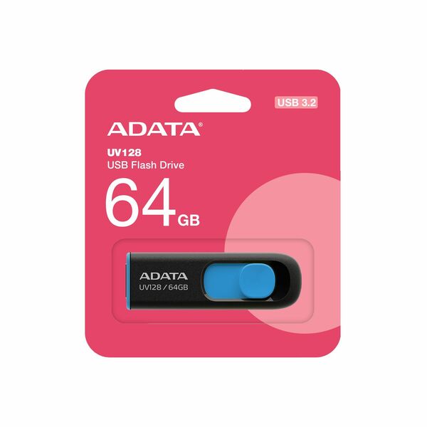ADATA DashDrive UV128 64GB Retractable USB 3.0 Flash Drive, Black/Blue