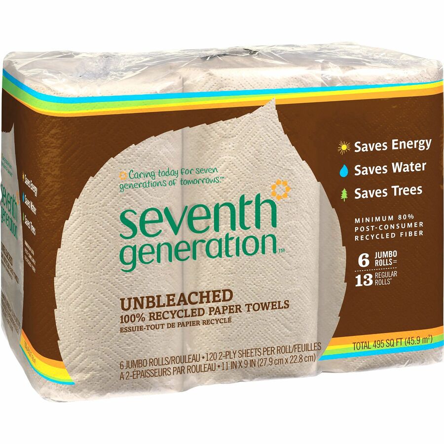 SEV13737 - Seventh Generation 100% Recycled Paper Towels - 2 Ply - Natural  - 11&quot; x 9&quot; - 120 Sheets/Roll - Natural - Paper - Absorbent, Hypoallergenic,  Unbleached, Chlorine-free, Fragrance-free, Dye-free - For Kitchen - 6 /  Pack - Office Supply Hut