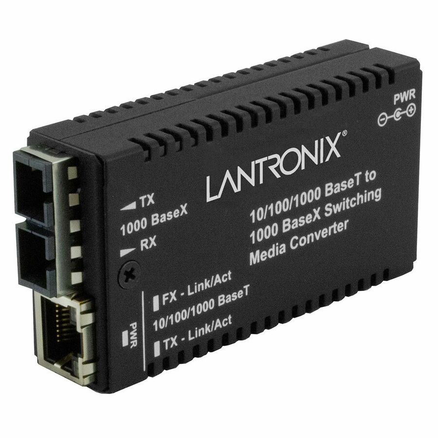 Lantronix M/GE-T Series mini Gigabit Ethernet media converter with RJ-45 and SC fiber ports