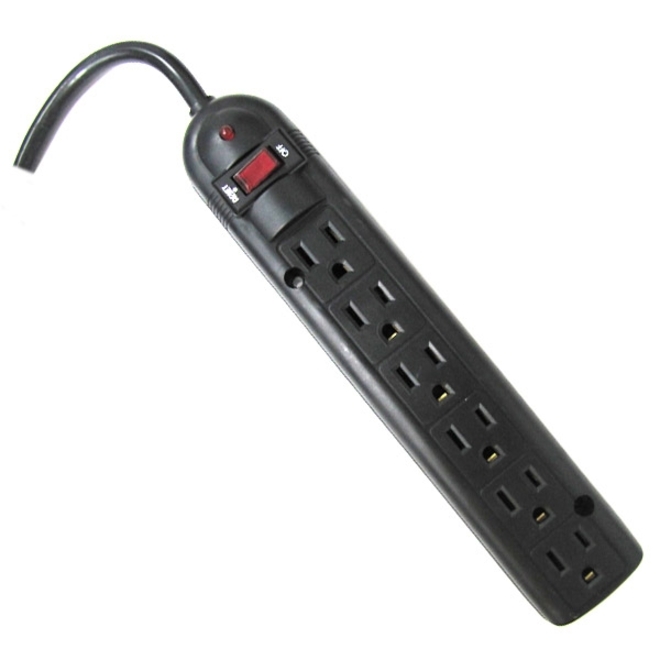 Black 6-outlet power strip with 6 ft cord and 525 J surge protection