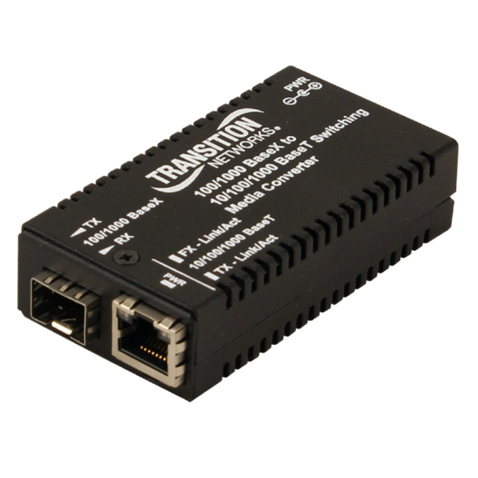 Lantronix M/GE-PSW Series mini Gigabit Ethernet media converter with RJ-45 port and SFP slot