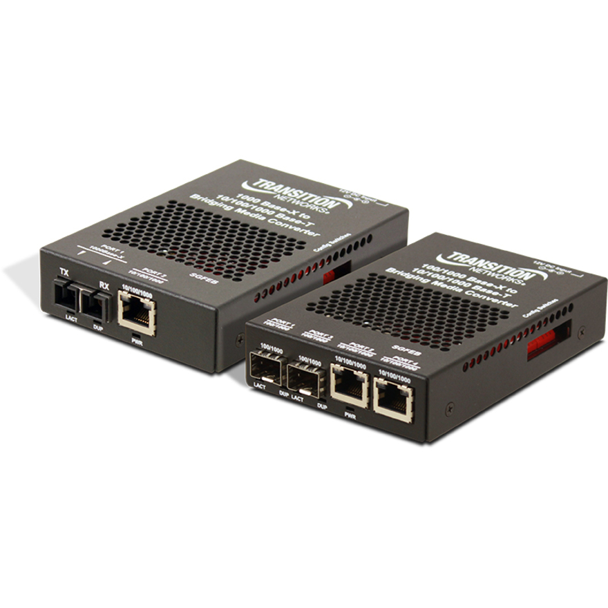 Lantronix SGFEB Series media converter with RJ-45 copper and SC multimode fiber ports