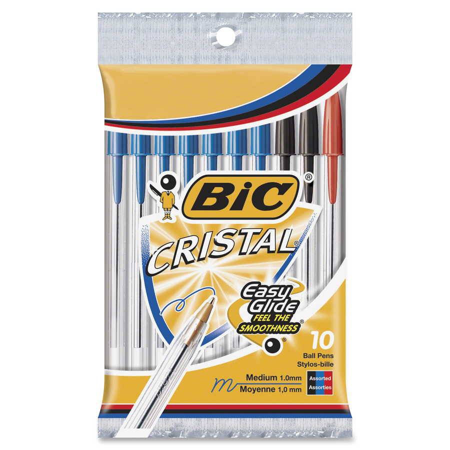 BIC Cristal Orginal Ballpoint Pen, Medium Point (1.0mm), With Tungsten Carbide Ball For Smooth Flow, Assorted Colours, 10-Count