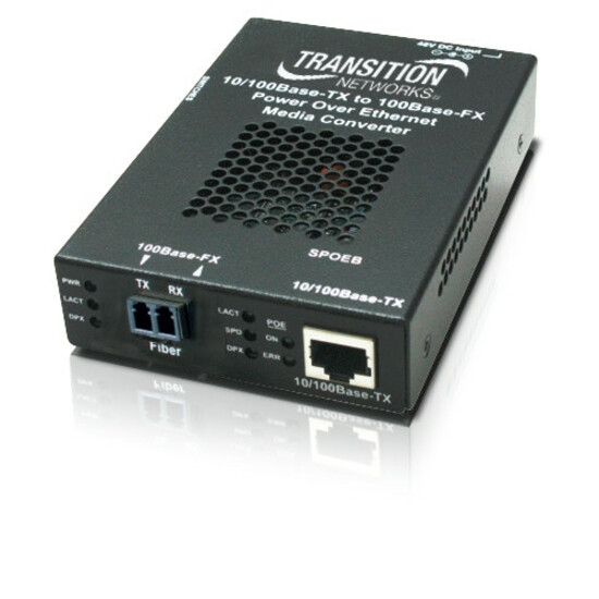 Lantronix SPOEB Series SPOEB1013-105-NA Fast Ethernet PoE media converter with RJ-45 and SC fiber interfaces