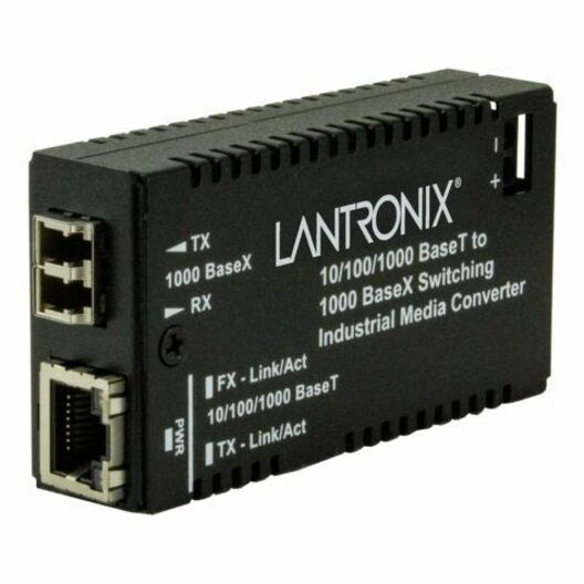 Lantronix M/GE-ISW-SX-01 hardened mini Gigabit Ethernet media converter with RJ-45 and multimode SC fiber ports