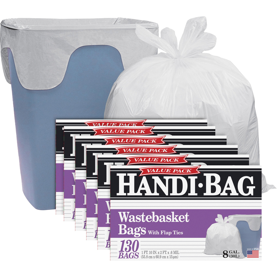 Berry Handi-Bag Wastebasket Bags - Small Size - 8 gal Capacity - 21.50  Width x 24 Length - 0.60 mil (15 Micron) Thickness - White - Hexene Resin  - 6/Carton - 130 Per Box - Home, Office - Thomas Business Center Inc