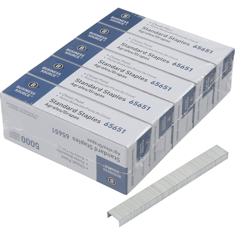 Business Source Chisel Point Standard Staples - 210 Per Strip - Standard -  1/4 Leg - 1/2 Crown - Holds 30 Sheet(s) - for Paper - Chisel Point -  Silver - Galvanized Iron5 / Pack