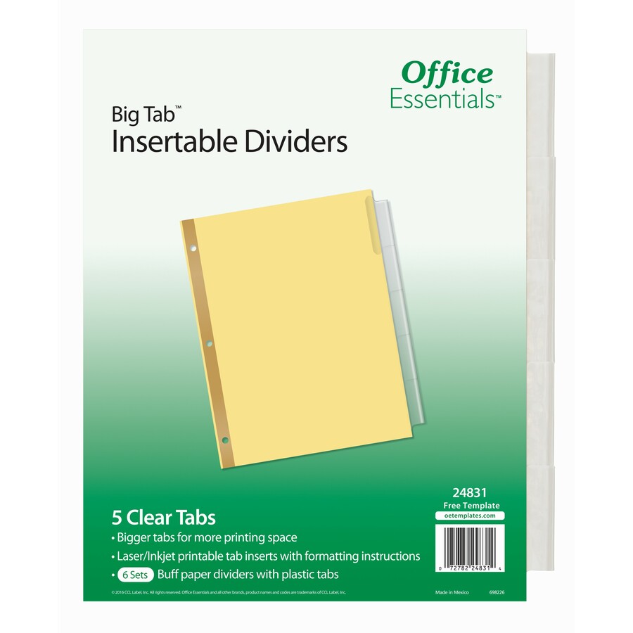 Avery® Office Essentials® Big Tab(TM) Insertable Dividers, Buff, 21 Clear  Tabs, 21 Sets (21) - 21 - 21 Tab(s)/Set - 21.21" Divider Width x 21" Divider For 5 Tab Label Template