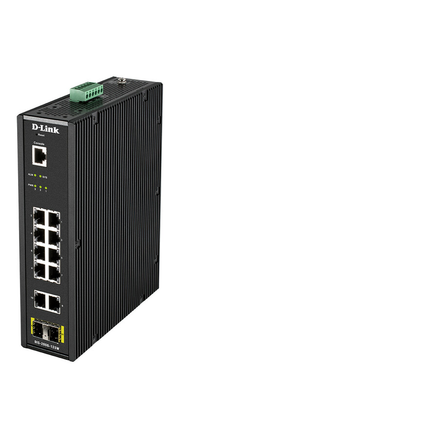 12-PORT GIGABIT INDUSTRIAL SMART MANAGED SWITCH WITH 10 1000BASE-T PORTS AND 2 SFP PORTS OPERATING TEMP UP TO 75 deg C DIN RAIL