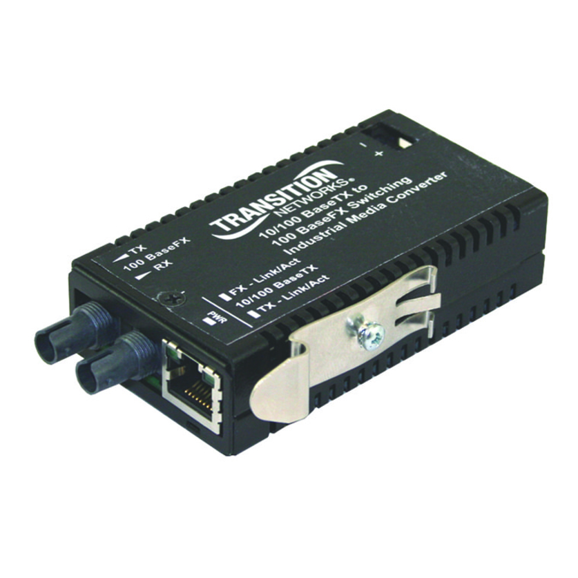 Lantronix M/E-ISW-FX-02 hardened mini Fast Ethernet media converter with RJ-45 and ST multimode fiber interfaces