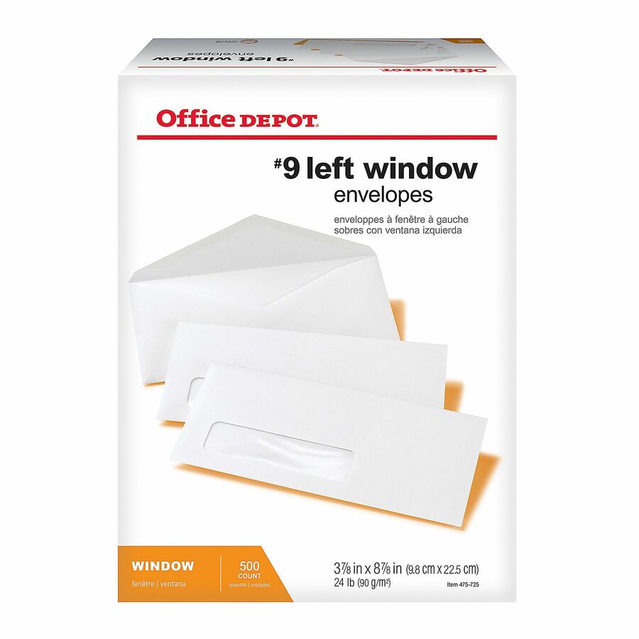 Office Depot® Brand 9 Envelopes, Left Window, Gummed Seal, White, Box