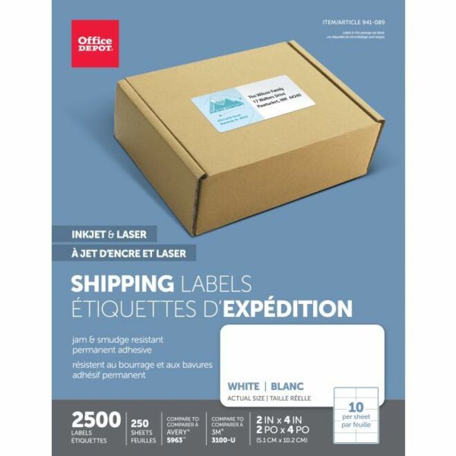 Office Depot® Brand Inkjet/Laser Shipping Labels, White, 2" x 4", Pack